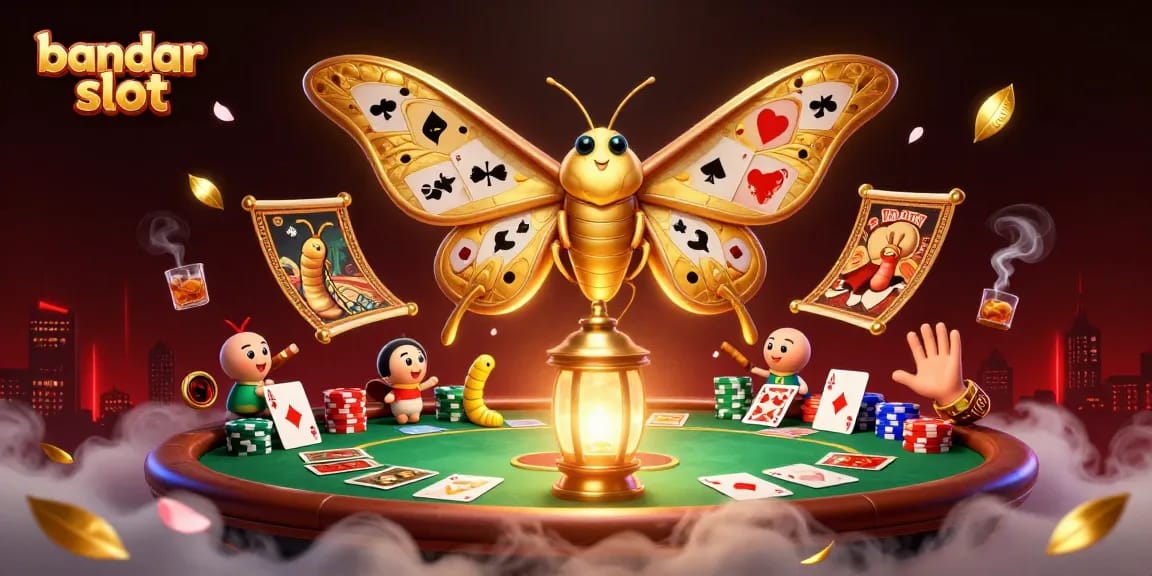 Experience thrilling gameplay at bandar slot, featuring an illustrated scene of a majestic moth and casino elements.