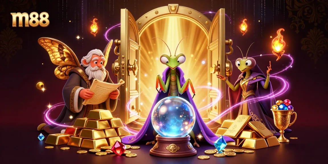 Experience excitement with m88's enchanting 3D fortune teller and mystical elements in a vibrant gambling scene.