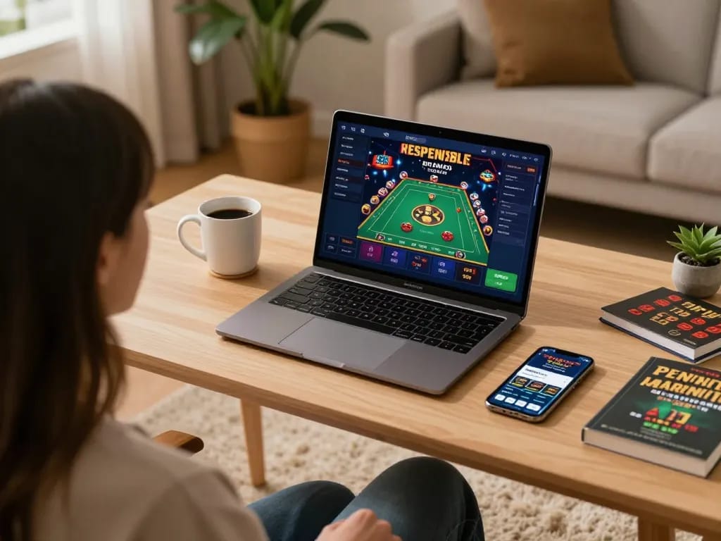 Engaging online gaming session at home with TR88 app displayed on laptop, showcasing responsible gambling