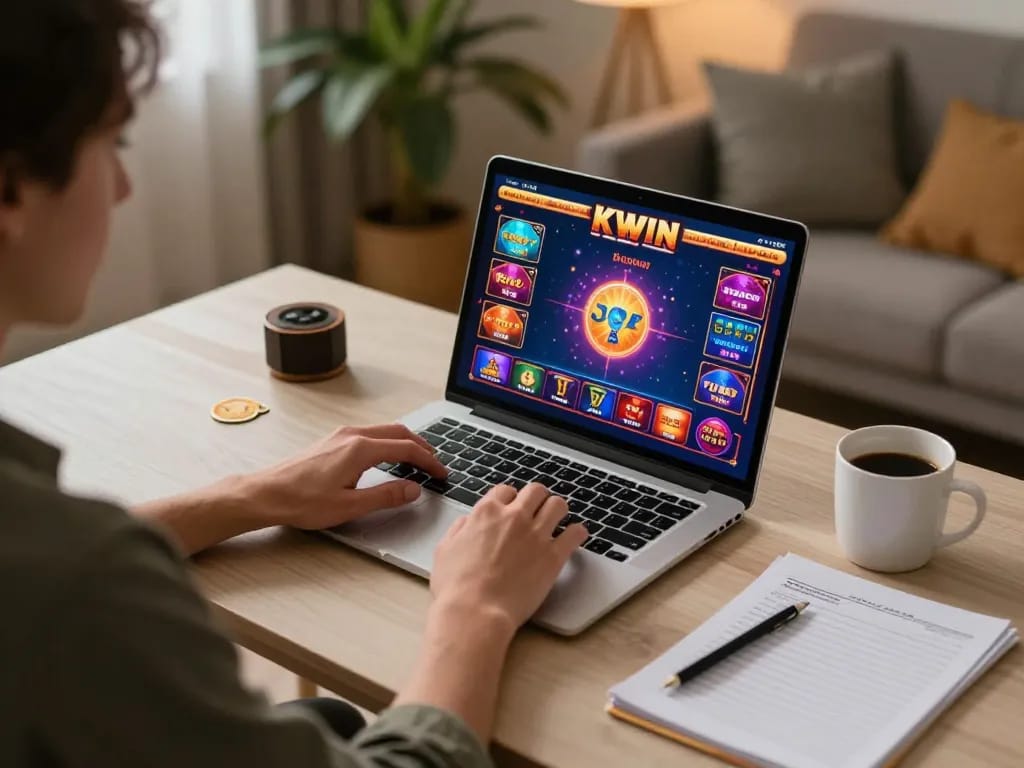 KWIN player engaged in dynamic online gambling, focusing on strategy and gameplay at modern home setup