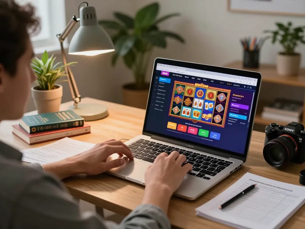 Experience thrilling online gaming with sky88co as players engage with vibrant casino graphics in a cozy home setting