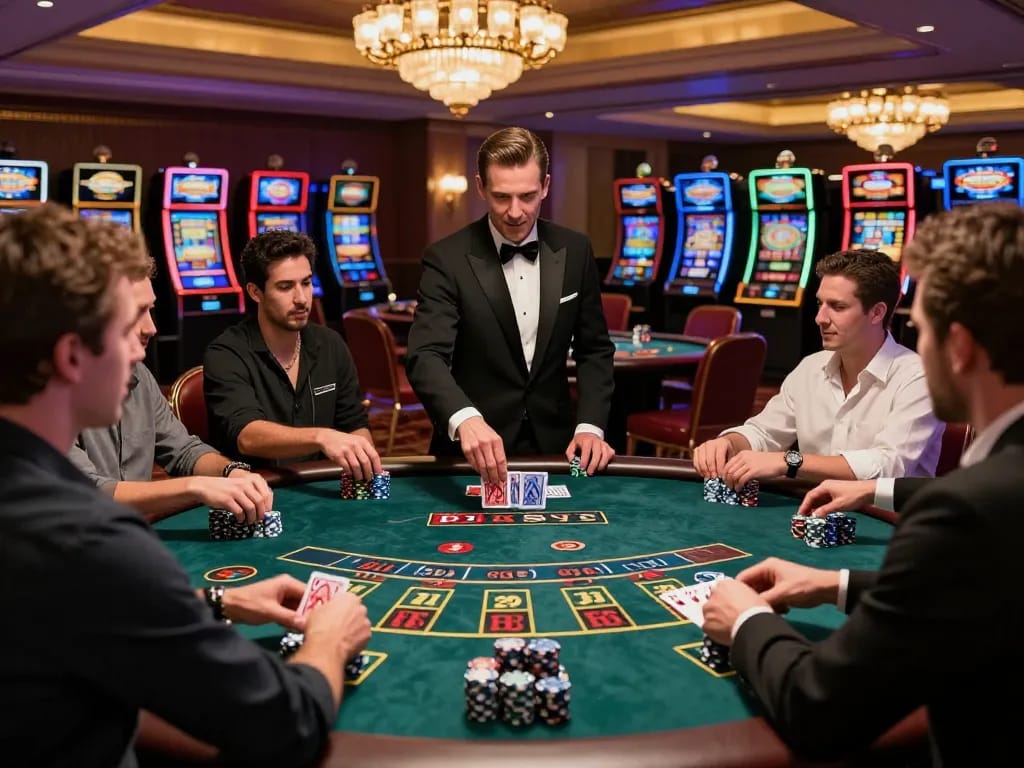 Engaging blackjack gameplay at vb88game with professional dealer and eager players.