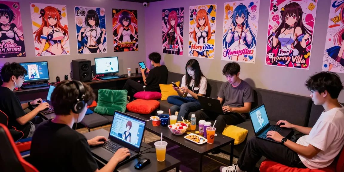 People enjoying an immersive hentaigame experience in a cozy gaming lounge with vibrant atmosphere and colorful decor.