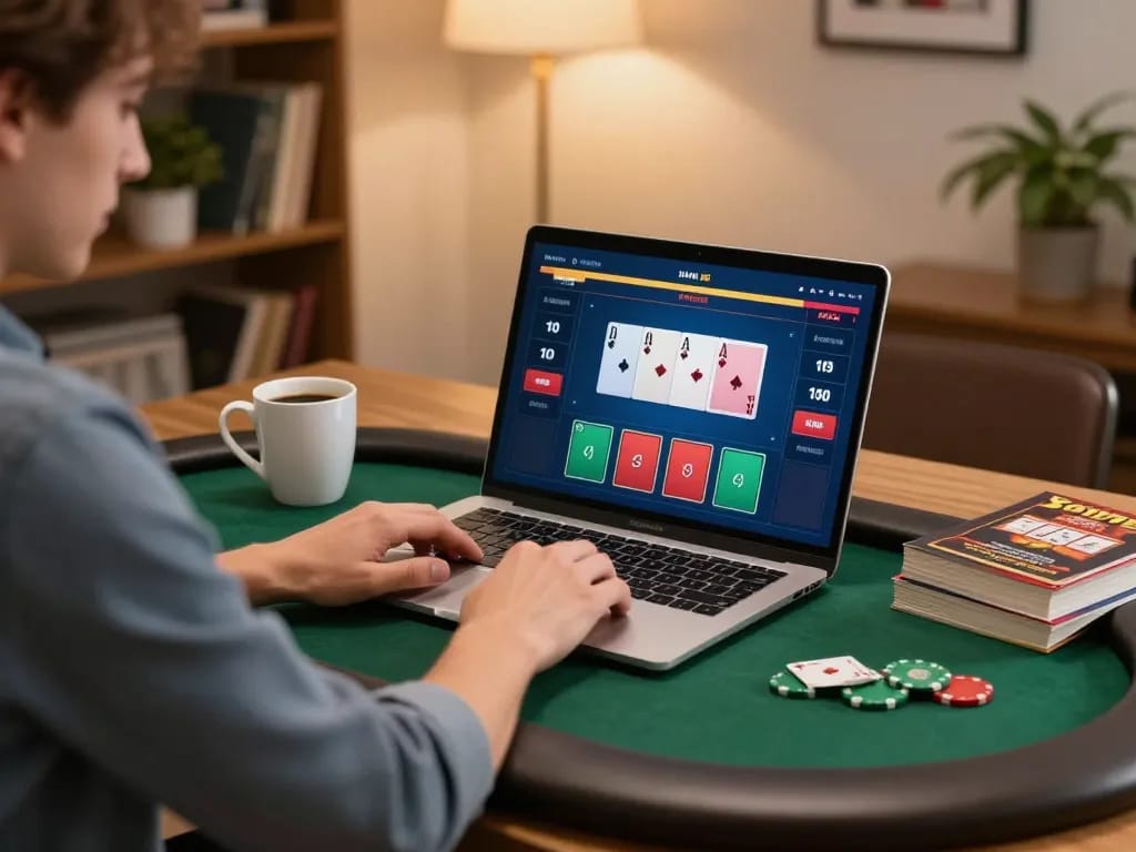 Engaging online poker session at home with sunwingo, showcasing strategic gameplay and cozy atmosphere.