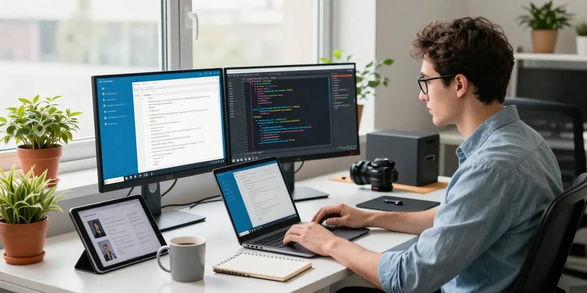 Professional utilizing Telegram Chinese app in a modern workspace with coding elements and vibrant plants.
