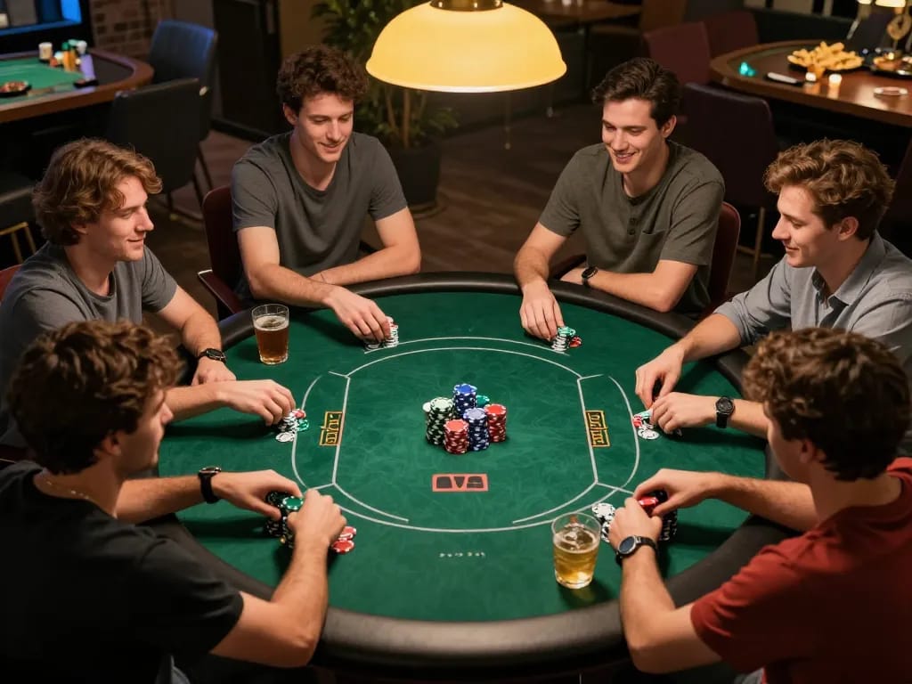 Playing poker with friends at a cozy home setup, focusing on strategy while enjoying lc88,com.