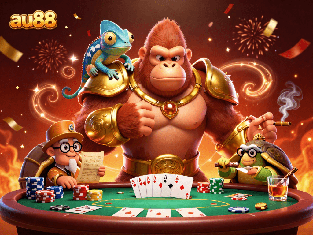 Join the excitement at au88, featuring a powerful gorilla king and gambling elements in a vibrant casino scene.