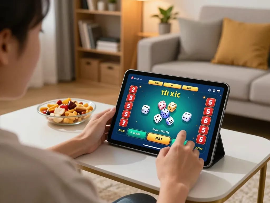 Person engaged in tài xỉu online gameplay on a tablet in a cozy living room.