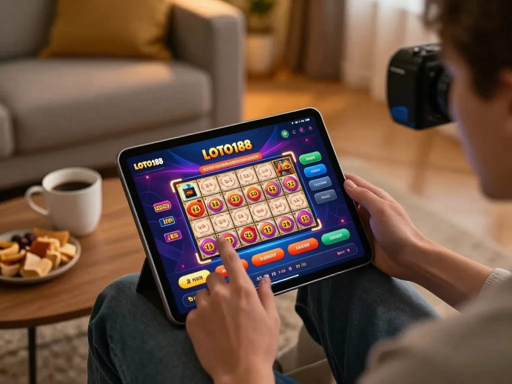 LOTO188 SO user engaged in online lottery gaming on a tablet in a cozy home setting.