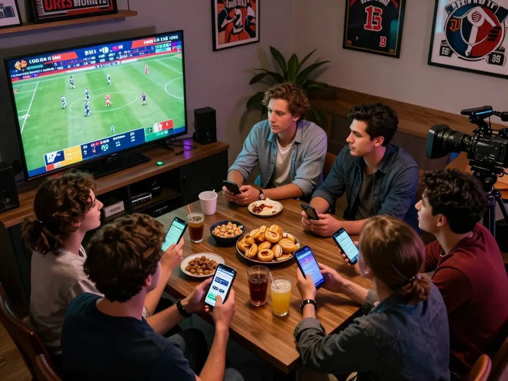 Engaged group of friends placing bets during a thrilling sports event on keonhacaii.