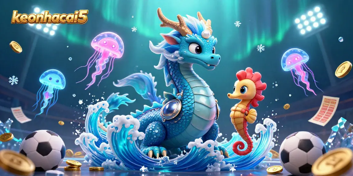 Engage in betting strategies with keonhacai5 featuring a vibrant azure dragon and neon jellyfish scattering football elements.
