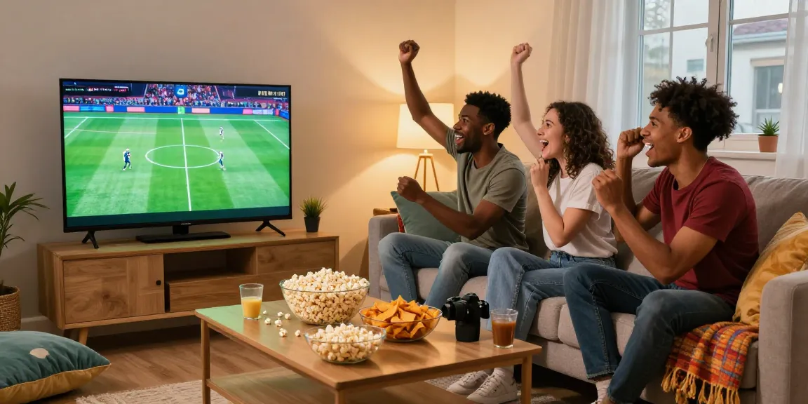 Friends enjoying IPTV sports streaming in a cozy living room.