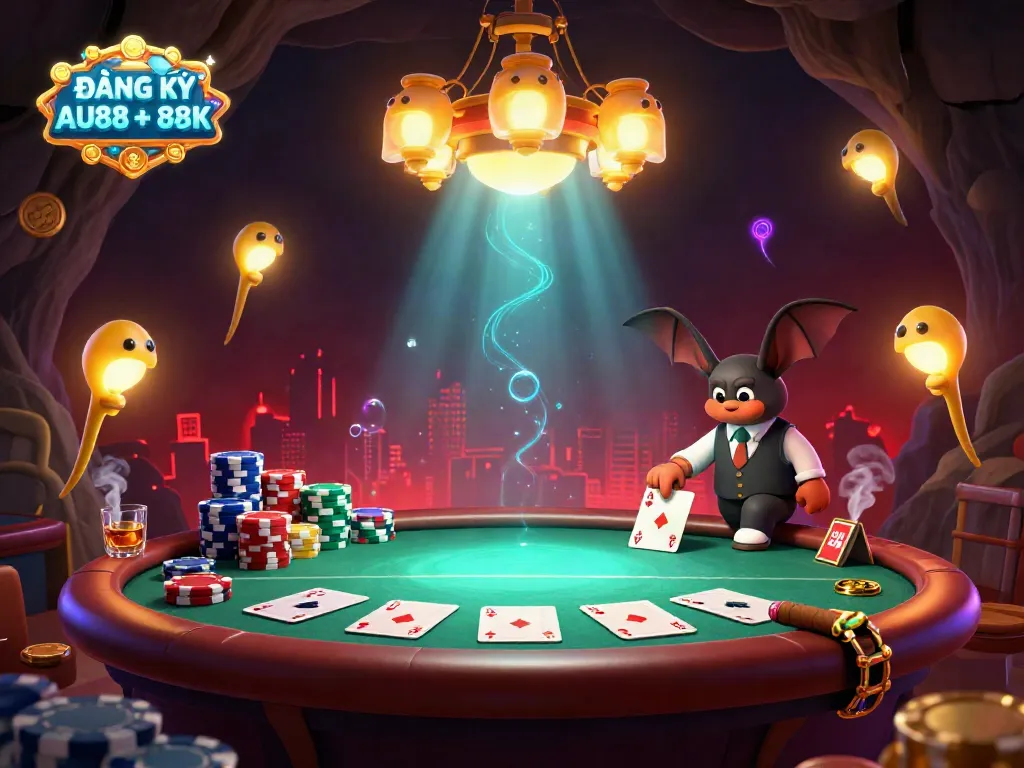 Experience the excitement at ĐĂNG KÝ AU88 + 88K in this vibrant 3D cave casino scene with glowworms and a bat dealer.