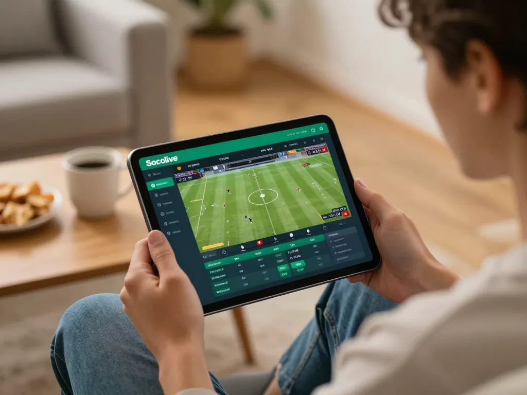 Socolive user immersed in online sports betting, displayed on a tablet in a cozy home setting.
