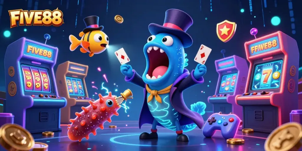 Engage with thrilling FIVE88 casino action featuring dazzling characters and vibrant gaming elements.