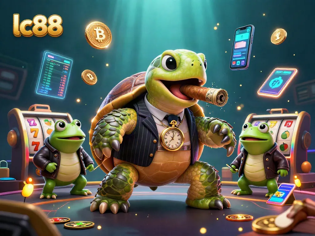 Experience gaming excitement with lc88 featuring a mobster turtle and bullfrog enforcers amidst vibrant casino elements.