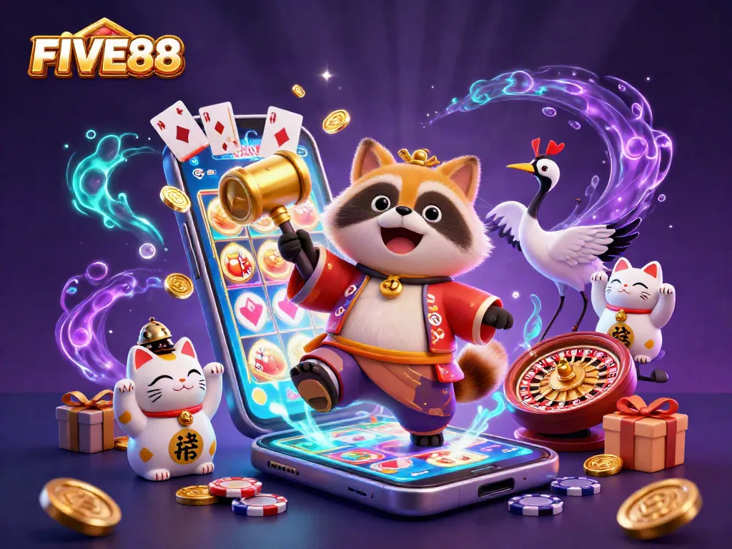 Engage with FIVE88 casino excitement featuring a lucky tanuki, samurai crane, and fortune cats in a vibrant 3D scene.
