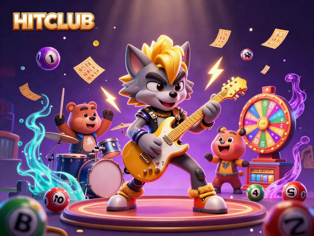 Experience the HITCLUB vibe with colorful lottery elements and energetic characters in a dynamic casino scene.