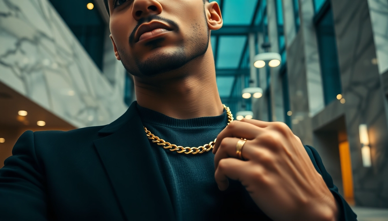 Showcasing elegant men gold chains in a chic urban environment with a stylish man.