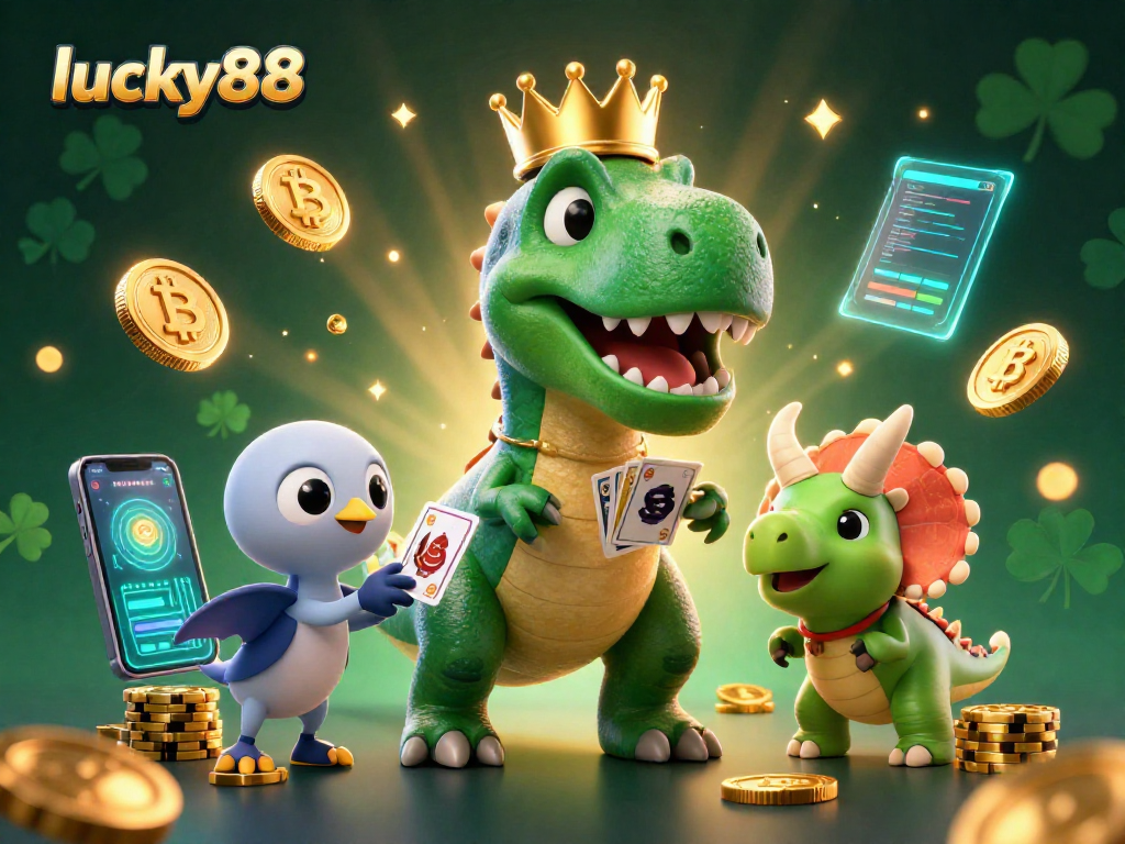 Engage with lucky88 while a cartoon dinosaur tries to shuffle cards, creating a lively casino scene.