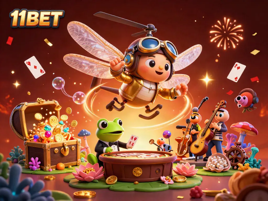 Engage with 11BET through a vibrant casino scene featuring whimsical characters and rich casino elements.