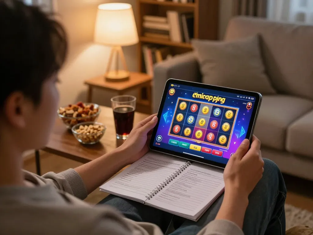 Person playing online slots on the ee88go platform comfortably at home, showcasing vibrant gameplay and cozy atmosphere
