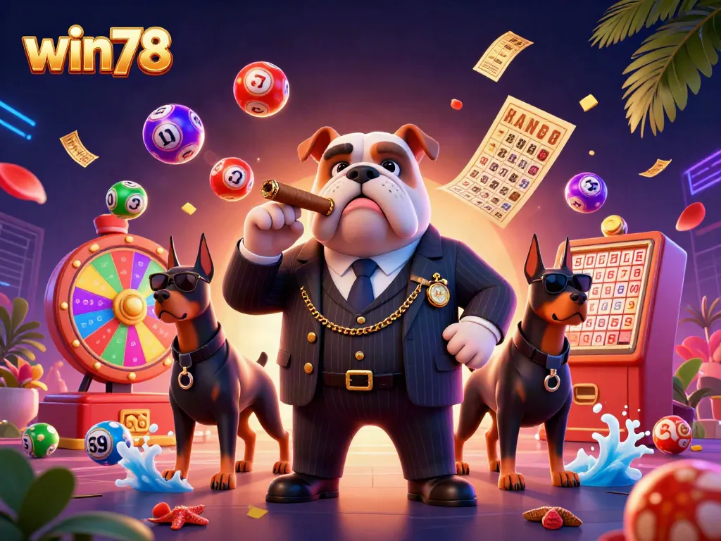 Win78 casino experience with a wealthy mafia bulldog boss and dynamic lottery elements.