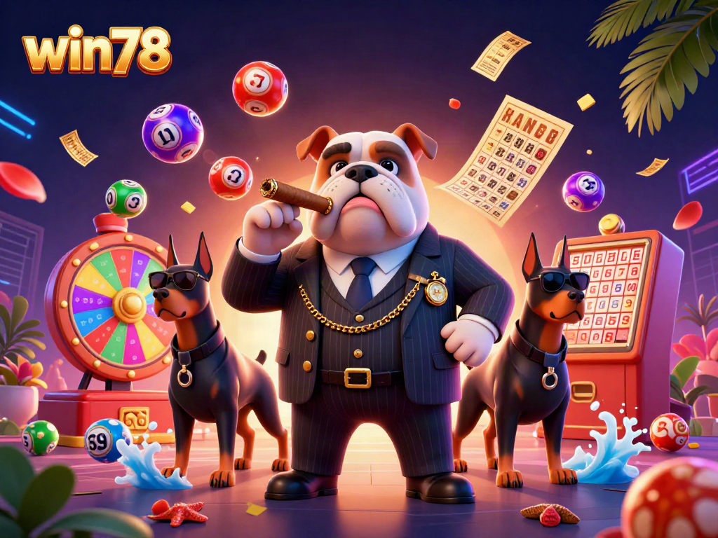 Win78 casino experience with a wealthy mafia bulldog boss and dynamic lottery elements.