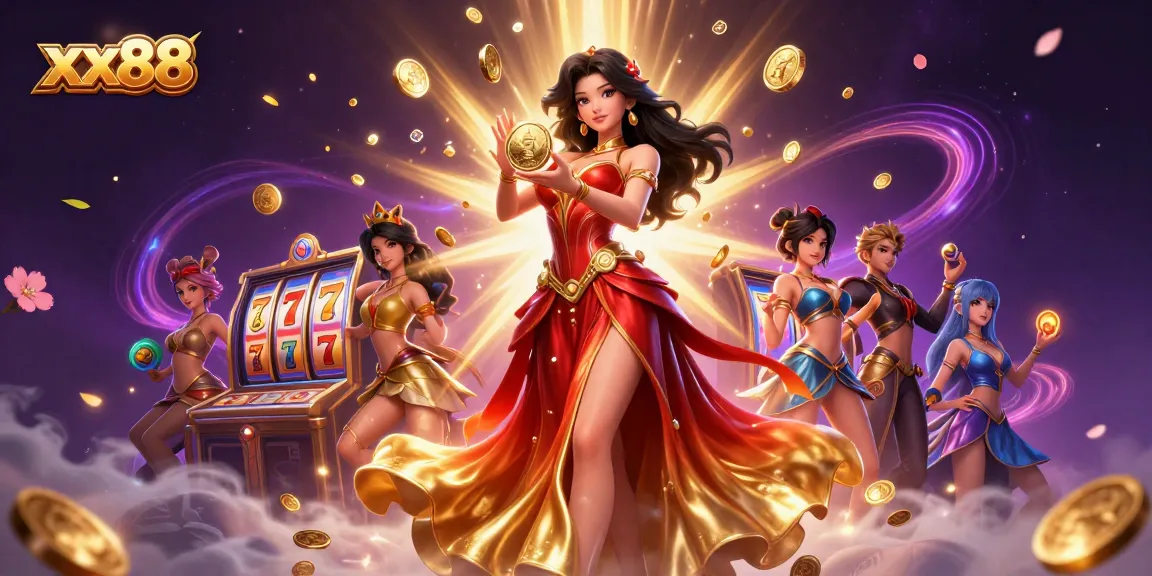 Experience the thrill of xx88 with vibrant slot reels, golden coins, and a glamorous casino atmosphere.