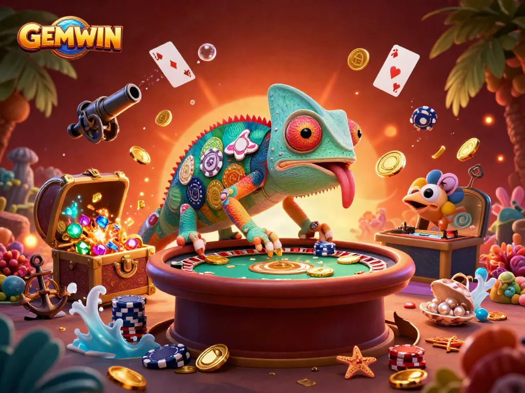 Experience the thrill of GEMWIN with a colorful chameleon casino owner in an exciting 3D scene of underwater treasures.