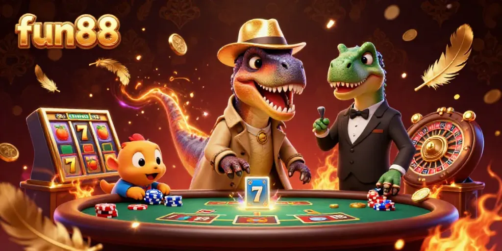 fun88 blackjack scene with a clever velociraptor card counter and a watchful pit boss in a vibrant casino atmosphere