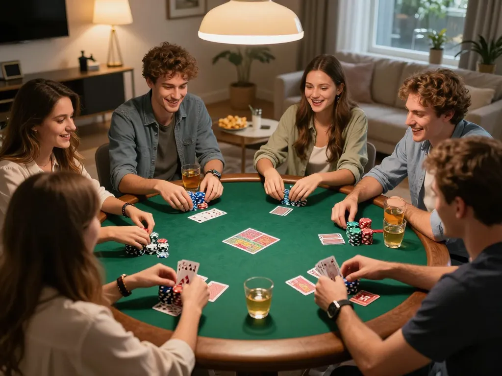Bạn bè tận hưởng một đêm poker trong không gian chủ đề casino KO66, năng lượng sôi động và lối chơi hấp dẫn.