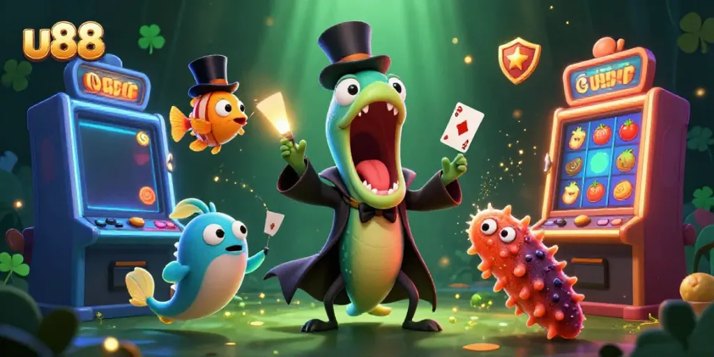 Immerse yourself in u88's vibrant casino world with a cartoon eel magician and anglerfish spotlighting jackpots.