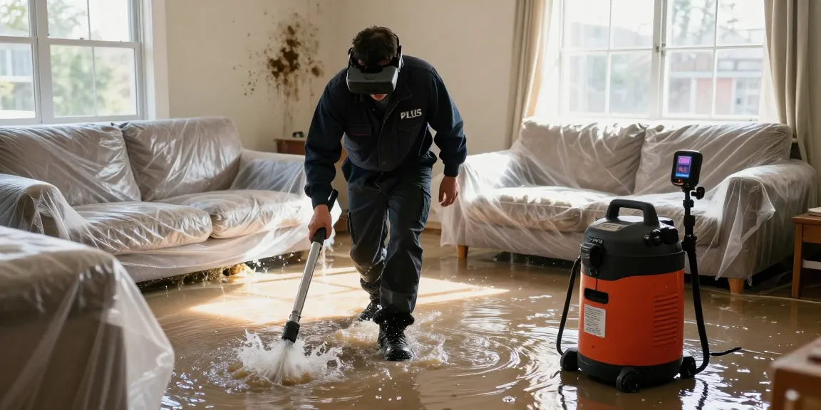 Water Damage Restoration North Vancouver, technician extracting water with advanced equipment in a flooded living room.