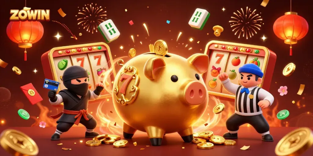 ZOWIN showcases a lively casino scene with a golden piggy bank sumo wrestler amidst dynamic slot game elements and festive decorations.