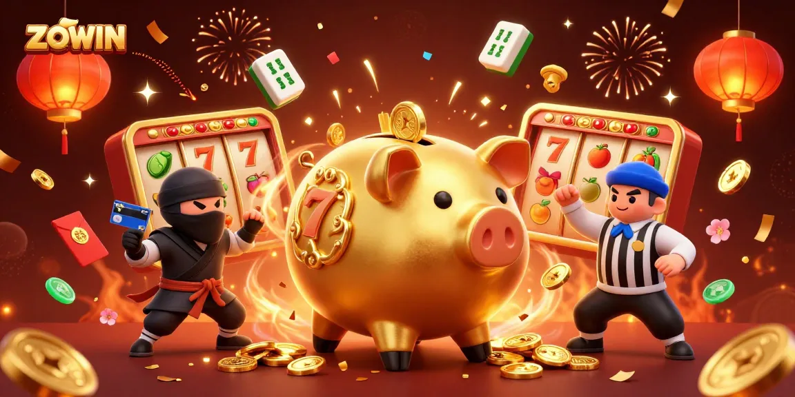 ZOWIN showcases a lively casino scene with a golden piggy bank sumo wrestler amidst dynamic slot game elements and festive decorations.