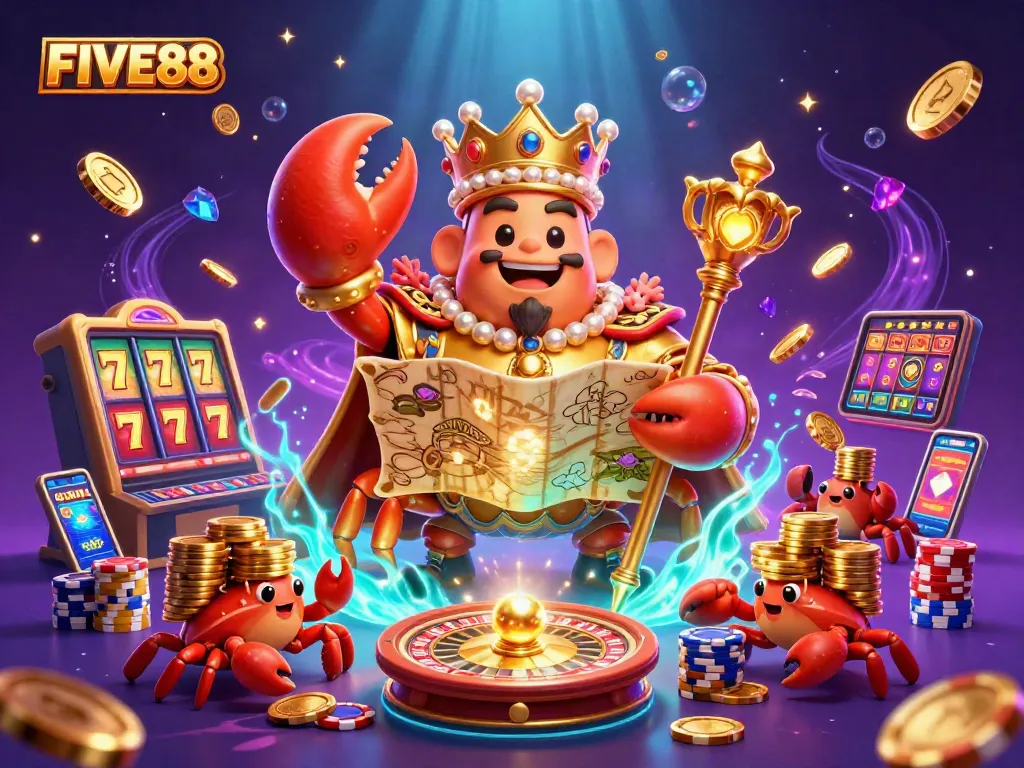 FIVE88 showcases a golden crab emperor supported by hermit crabs, surrounded by vibrant casino elements.