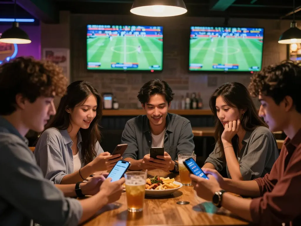 Friends strategizing on keonhacai sports betting apps at a lively bar