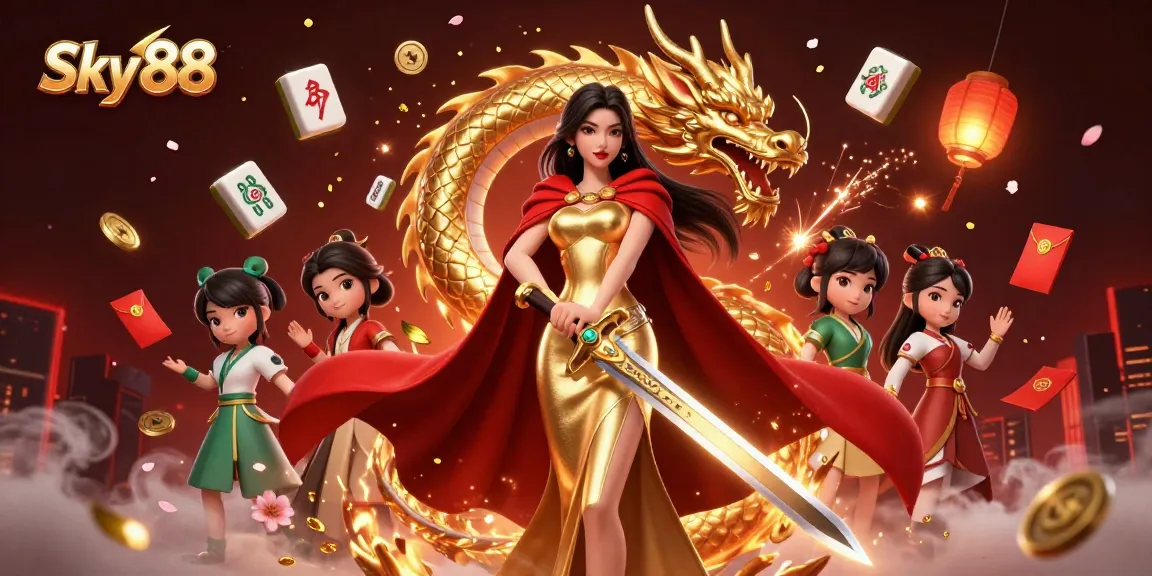 Sky 88 warriors emerge, gambling with mahjong and festive decorations in a vibrant casino scene.