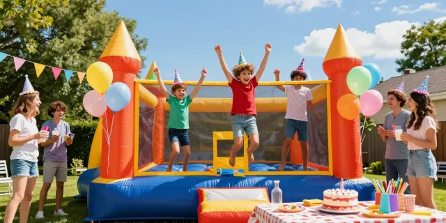 Children enjoying a bounce house at a vibrant birthday party.