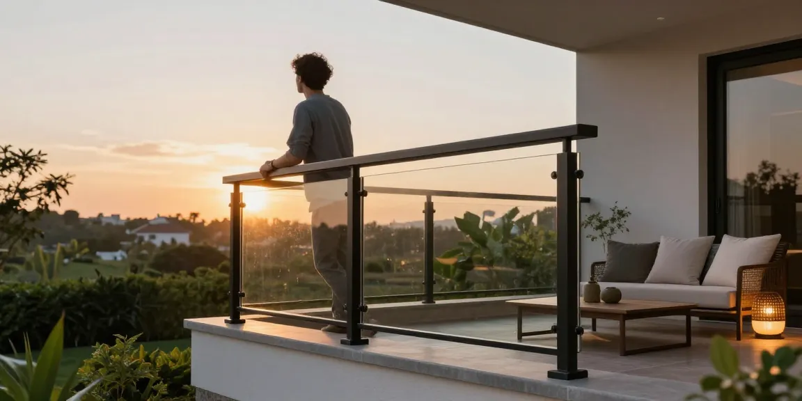 Elegant custom railing on a modern balcony during sunset, showcasing outdoor living and style.