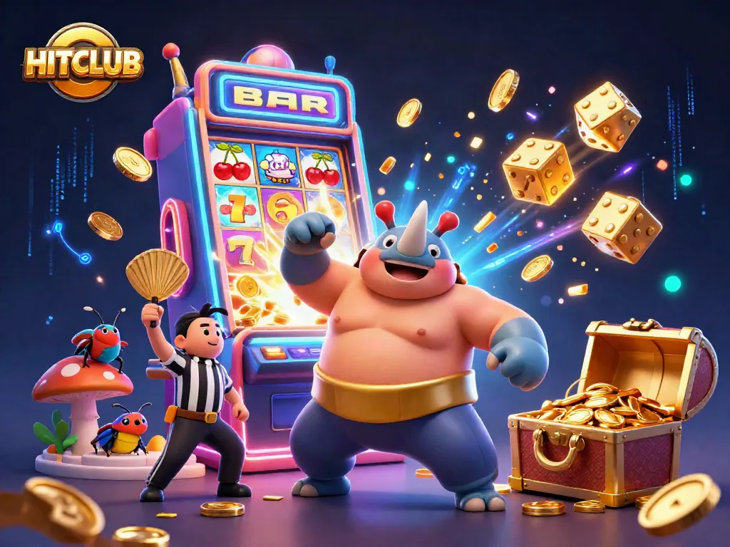 Spin the reels at HITCLUB with vibrant gold coins flying amidst an exciting casino scene.