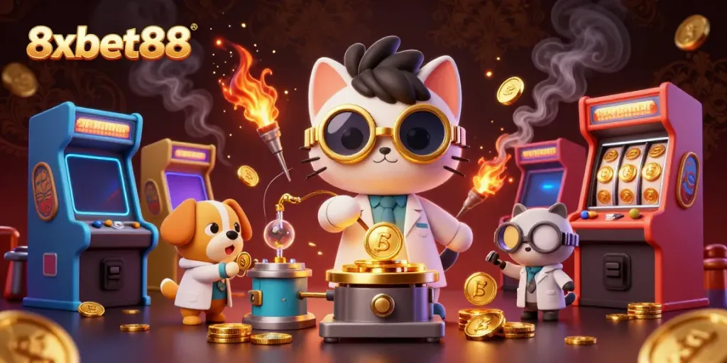 Experience thrilling gambling with 8xbet88, featuring bright arcade games and a mad scientist cat.