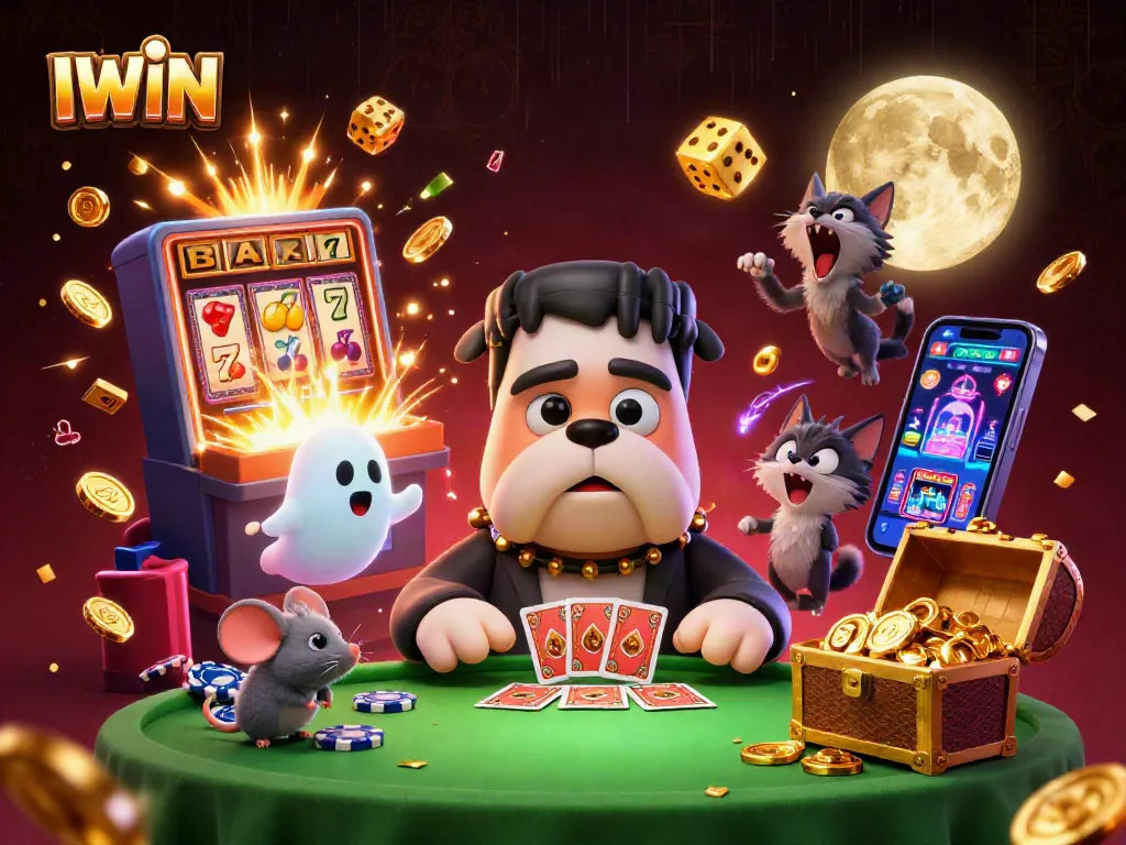 IWIN players enjoying thrilling slot games with a cartoon bulldog dealer, vibrant casino chaos.