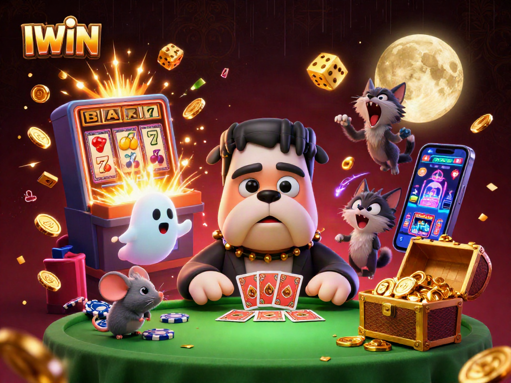 IWIN players enjoying thrilling slot games with a cartoon bulldog dealer, vibrant casino chaos.
