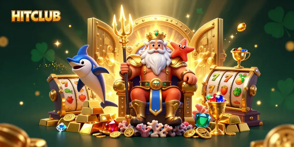 Experience the thrill of HITCLUB with vibrant 3D illustrations of Neptune and casino elements.