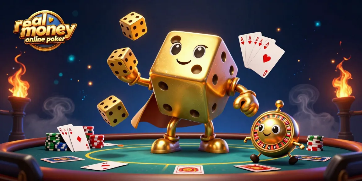 A dynamic scene of real money online poker featuring a golden dice golem and poker elements, showcasing betting excitement.