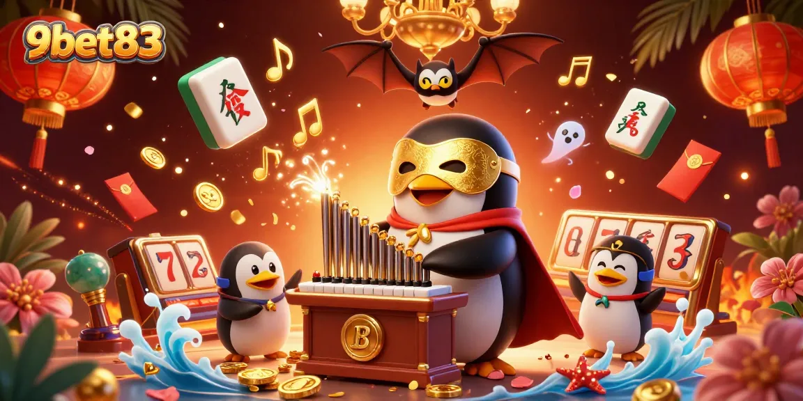 Experience the thrill of 9bet83 with this vibrant 3D casino scene showcasing a penguin playing for golden coins.