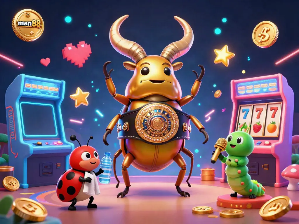 Experience thrilling gameplay with man88 as a giant golden stag beetle enters a boxing ring amidst slot machines and vibrant effects.
