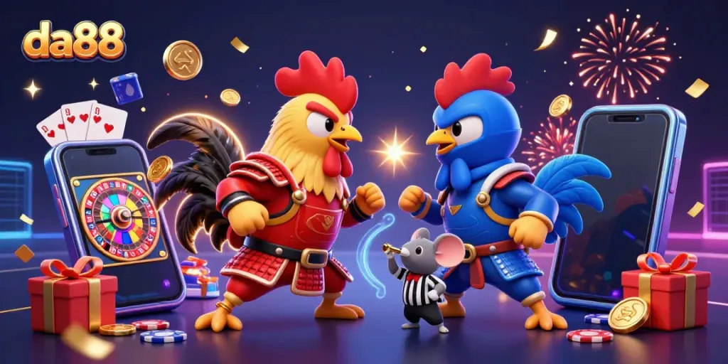 Experience the excitement of da88's vibrant casino scene with dynamic battling roosters and gaming elements.